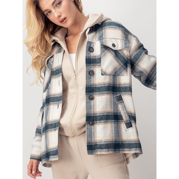 LAST ONE❗Cozy Chic Dark Teal Lined Plaid Flannel Oversized Shacket - Picture 7 of 14